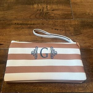 Tan & White Striped Wristlet or Shoulder Strap With The Initial G In Navy.